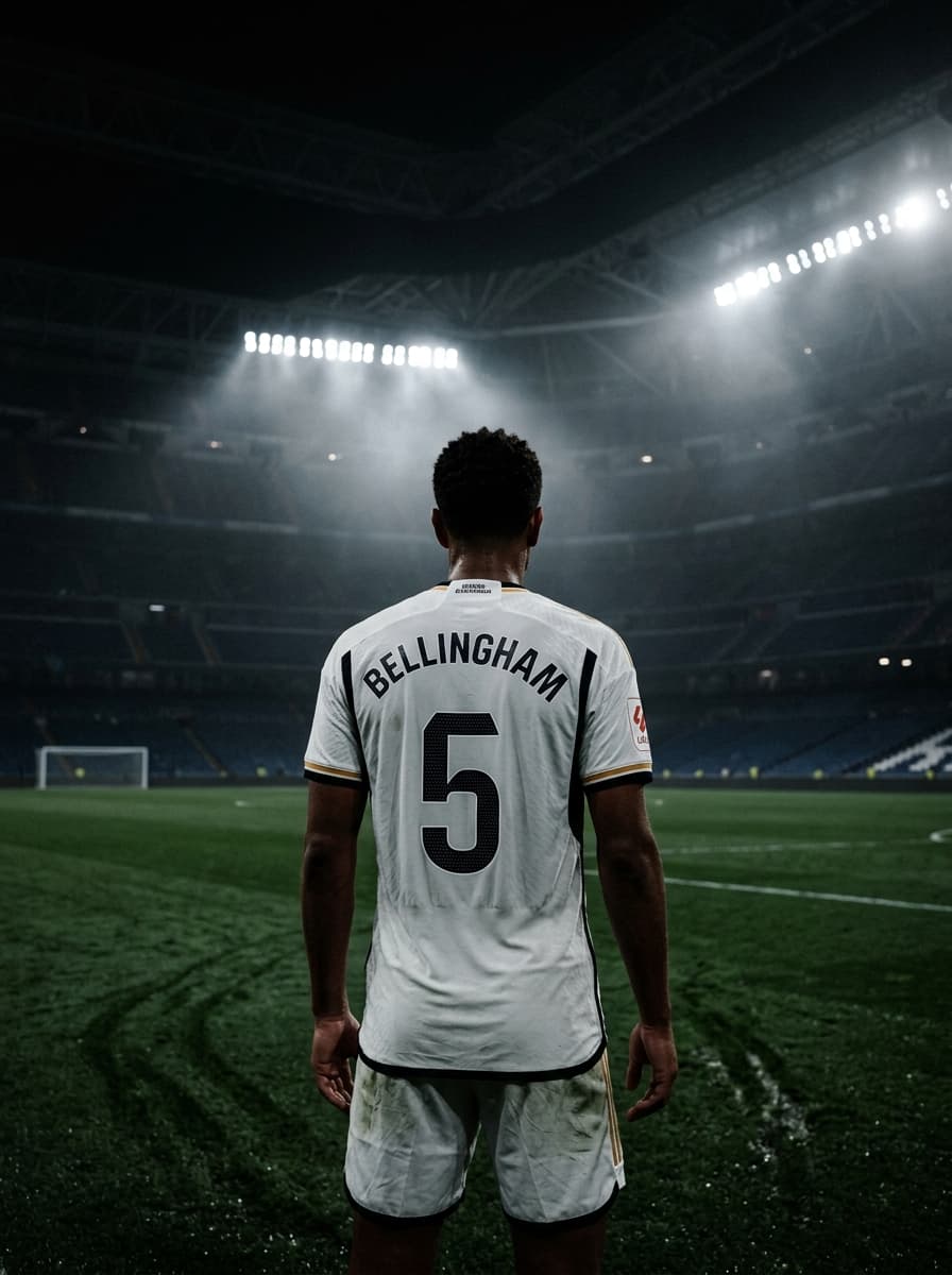 Real Madrid Bellingham 5 Jersey Back View in Atmospheric Stadium